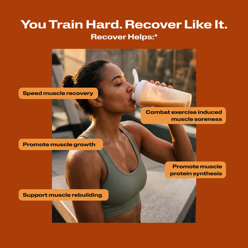 You Train Hard. Recover Like It. Recover Helps. Athlete drinking Recover in bottle with benefit callouts