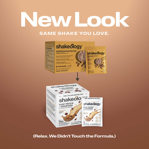 Promotional graphic for Shakeology protein showing a 'New Look' with the text 'SAME SHAKE YOU LOVE.' 