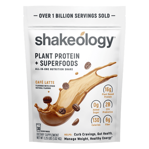 A stand-up pouch of Shakeology Plant Protein + Superfoods 