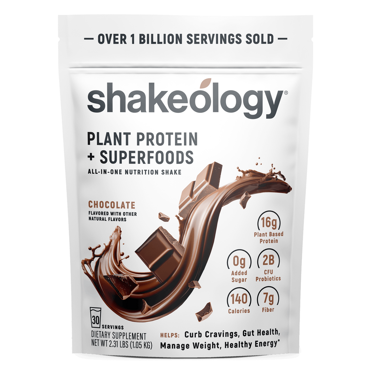 A stand-up pouch of Shakeology Plant Protein + Superfoods 