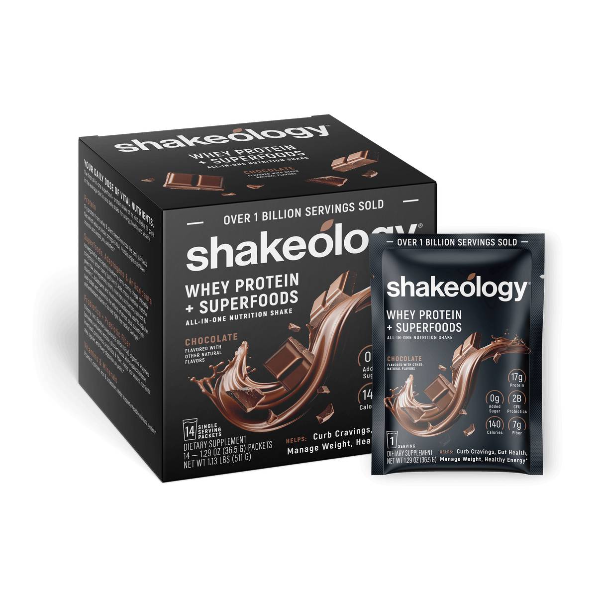 Shakeology Whey Protein + Superfoods shown as a retail box with a single sachet in front
