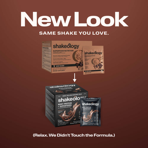 Promotional graphic for Shakeology protein showing a 'New Look' with the text 'SAME SHAKE YOU LOVE.' 