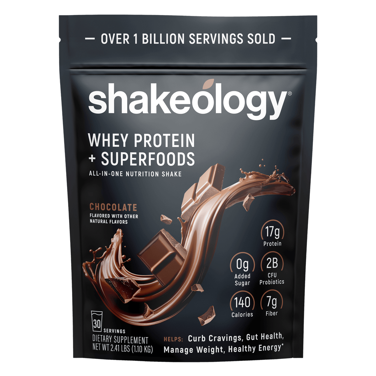 A stand-up pouch of Shakeology Whey Protein + Superfoods 