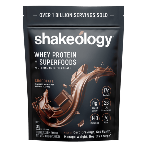 A stand-up pouch of Shakeology Whey Protein + Superfoods 