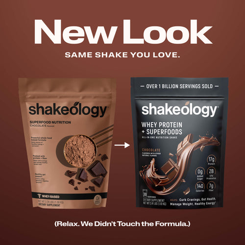Promotional graphic for Shakeology protein showing a 'New Look' with the text 'SAME SHAKE YOU LOVE.' 