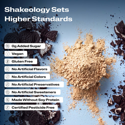 A close-up promotional graphic of Shakeology protein, superfood powder with validation callouts