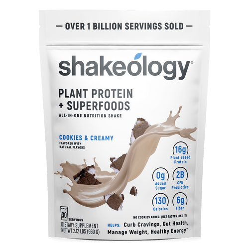 A stand-up pouch of Shakeology Plant Protein + Superfoods 