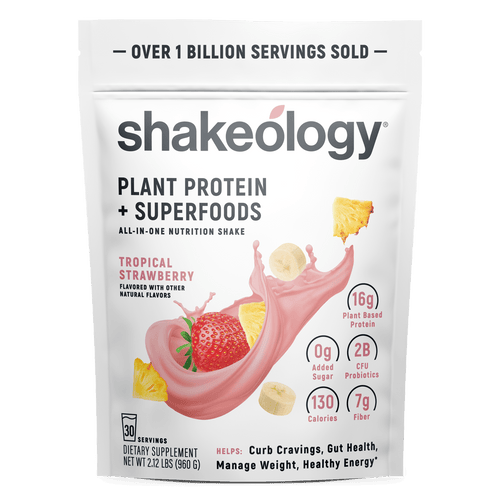A stand-up pouch of Shakeology Plant Protein + Superfoods 