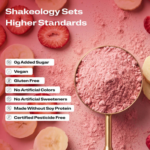 A close-up promotional graphic of Shakeology protein, superfood powder with validation callouts