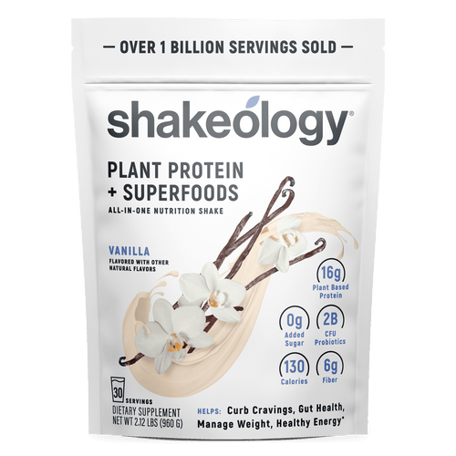 A stand-up pouch of Shakeology Plant Protein + Superfoods 