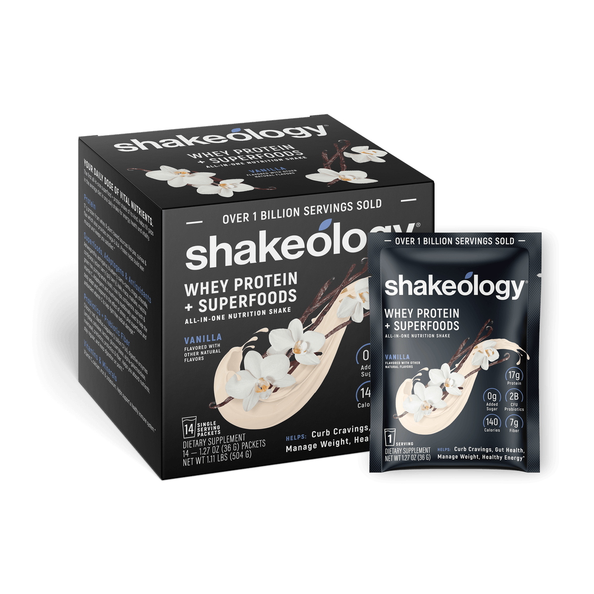 Shakeology Whey Protein + Superfoods shown as a retail box with a single sachet in front