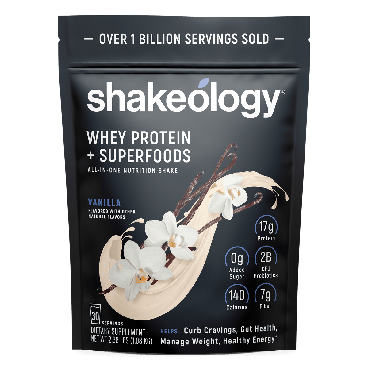A stand-up pouch of Shakeology Whey Protein + Superfoods 