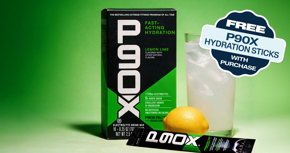 P90X Lemon Lime electrolyte drink mix box shown next to a glass of hydration. Free Gift with Purchase