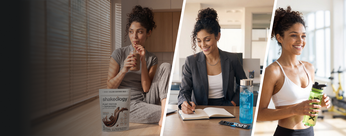Fuel Your Day. A three-panel lifestyle banner showing a woman in different settings