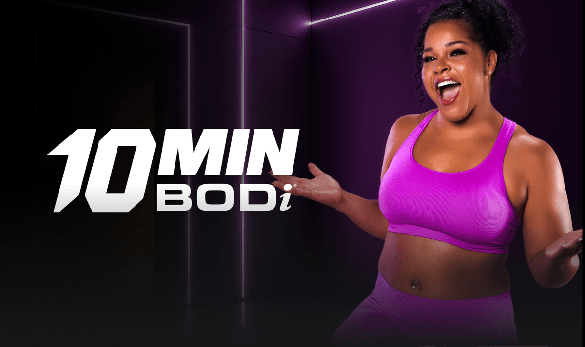 Woman in athletic wear with '10 MIN BODi' logo on a purple dark background
